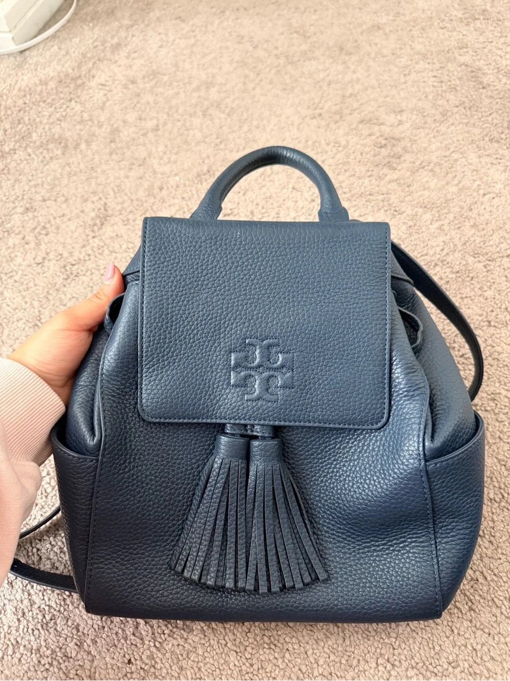 Tory Burch Dark Navy Pebbled Leather Tassel Backpack